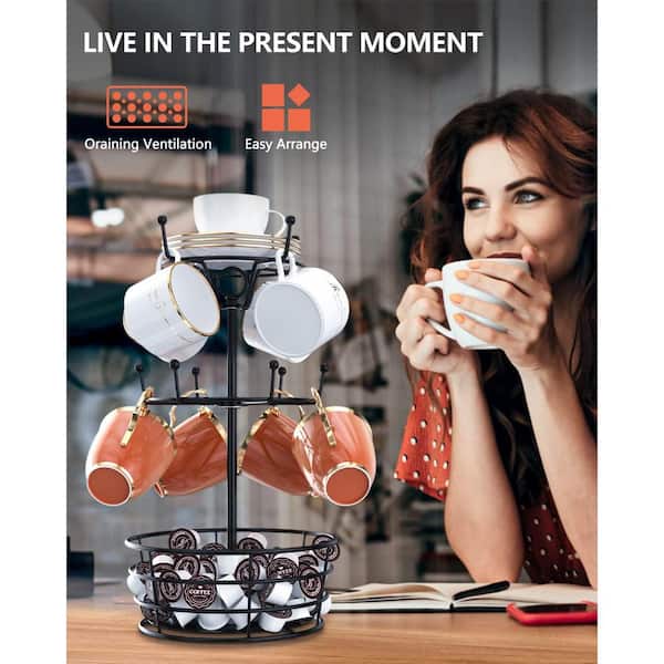3-Tiers Handle Coffee Cup Holder for 10Mug Hooks with Cup Pods and Saucer  Basket Storage for Bar Kitchen Counter (Black) 29CPH039009 - The Home Depot