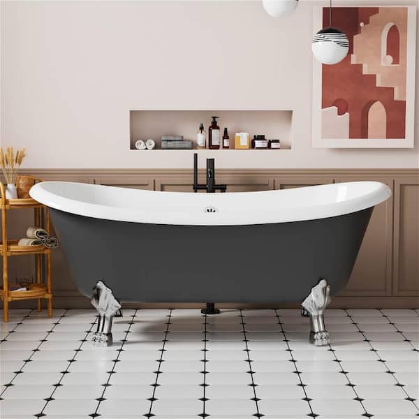INSTER Victoria 67 in. Modern Luxury Acrylic Freestanding Oval Shaped Double Slipper Clawfoot Non-Whirlpool Bathtub in Gray