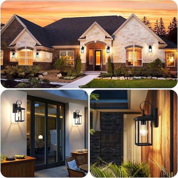 2-Pack Modern Outdoor Wall Light – Black & Wood Finish, Waterproof, Clear Tempered Glass, E26 Socket, 60W Max, For Porch, Patio, Front Door