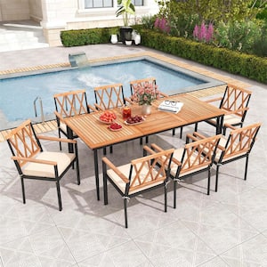 Natural and Black 9-Piece Wood Rectangle Outdoor Dining Set with Cushions and 1.9 in. Umbrella Hole