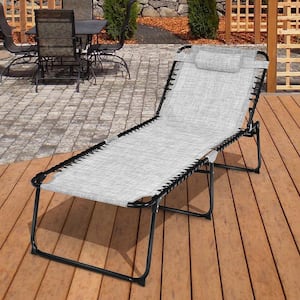 Grey Metal Fabric Folding Reclining Lounge Chaise 4-Position Backrest Portable Beach Chair