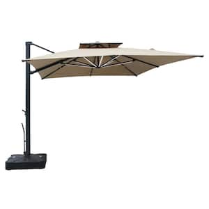 10 x 13 ft. Double Top Cantilever Umbrella Market Umbrella Patio Umbrella with Base and Detachable LED Lights in Taupe