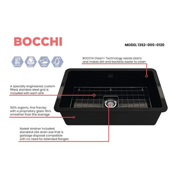 BOCCHI Sotto Undermount Fireclay 32 in. Single Bowl Kitchen Sink