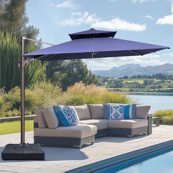 Pellebant 2-Tier top 11.5 ft. x 9 ft. Aluminum Outdoor 360° Rotation Cantilever Patio Umbrella in Navy Blue with 260 lbs. Base