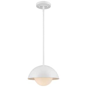 Maureen 10 in. 1-Light White Pendant Light Fixture with Metal Dome and White Opal Glass Shade