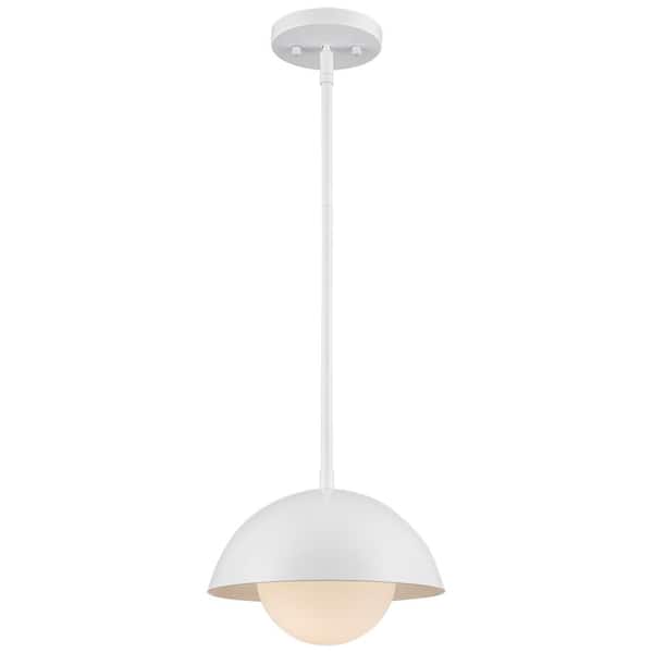 Bel Air Lighting Maureen 10 in. 1-Light White Pendant Light Fixture with Metal Dome and White Opal Glass Shade