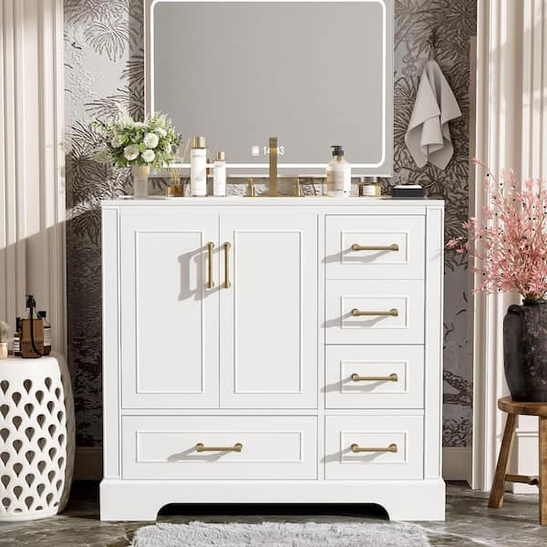 36 in. Single Sink Freestanding White Bath Vanity with White Ceramic Top and 4 Drawer Storage Cabinet Unassembled