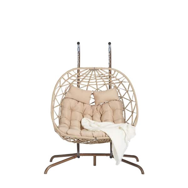 Unbranded 2 Person Light Yellow Wicker Patio Swing with Khaki Cushions, UV Resistant Frame and Water Resistant Cushion