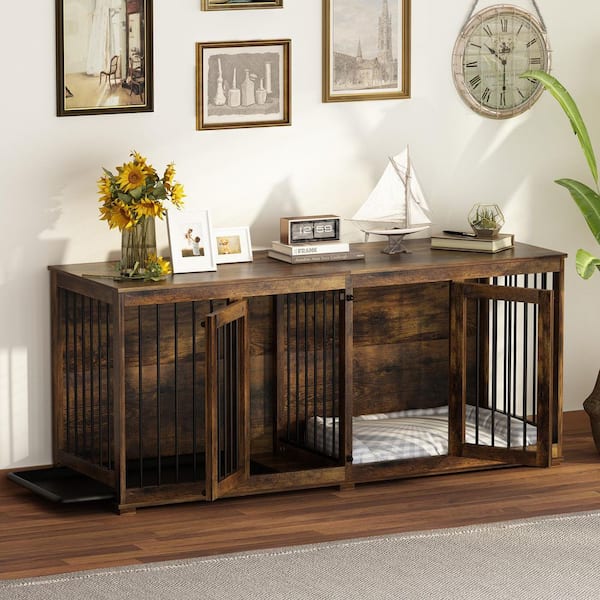 Tiger Skin Dog Crate Furniture for 2 Dogs, 71 in. Heavy-Duty Wooden Dog Crate with Trays & Divider for Large Medium Dogs