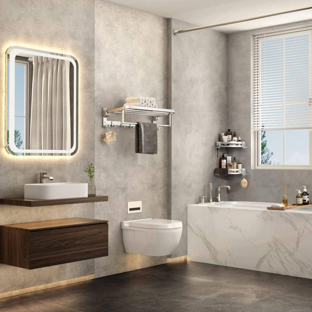 Silver Wall-Mounted Foldable Towel Rack with Hooks