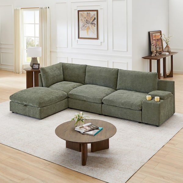 118.75 in. Chenille Modular Couch L Shaped Sectional Sofa with Ottoman Side Table 5-Seater Living Room Set Green