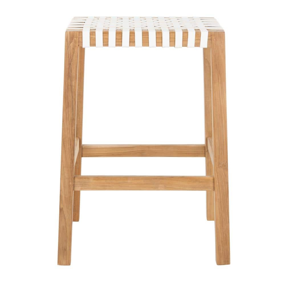 Natural Teak and White Leather Backless Counter Stool