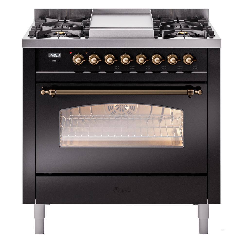 Nostalgie II 36 in. 6 Burner+Griddle Freestanding Dual Fuel Liquid Propane Range in Glossy Black with Bronze Trim -  ILVE, UP36FNMPBKBLP