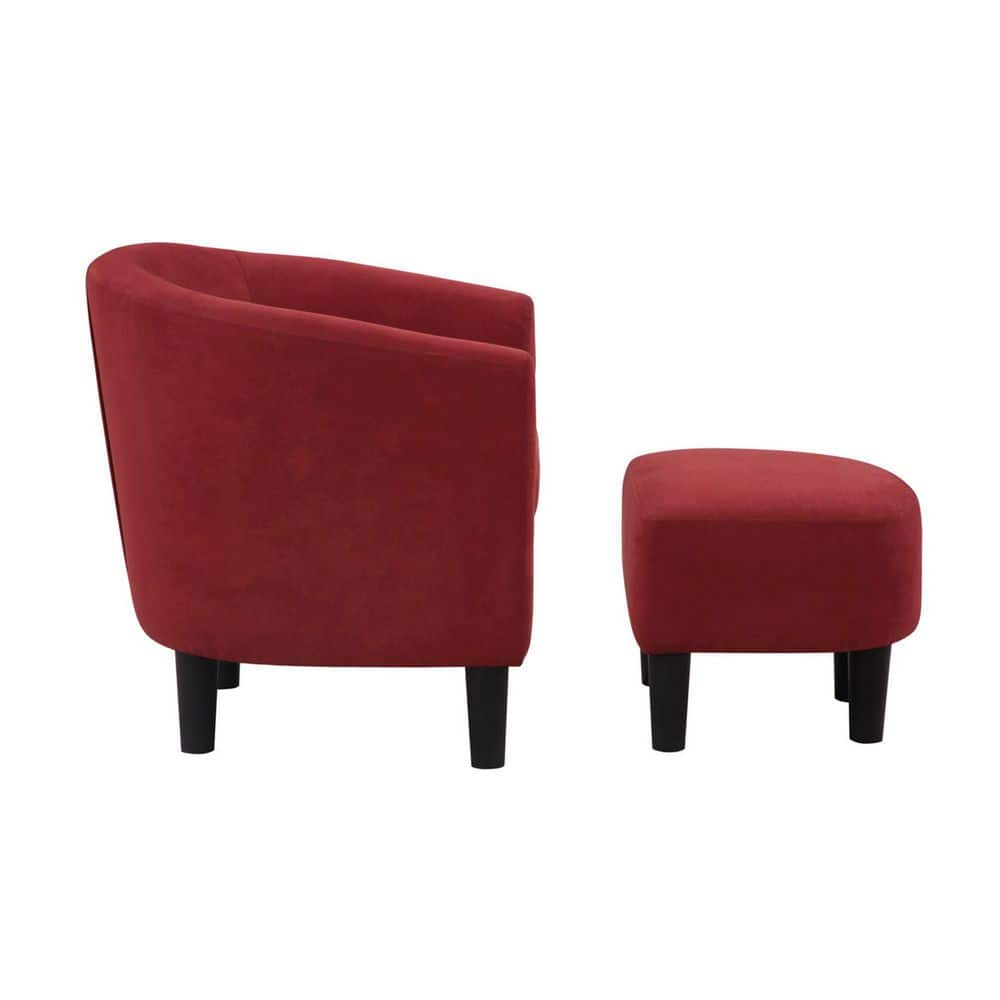 Sustainably Sourced Red Microfiber Barrel Accent Chair with Ottoman