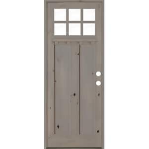 42 in. x 96 in. Craftsman Alder Left-Hand/Inswing 6-Lite Clear Glass Grey Stain Wood Prehung Front Door w/Dentil Shelf