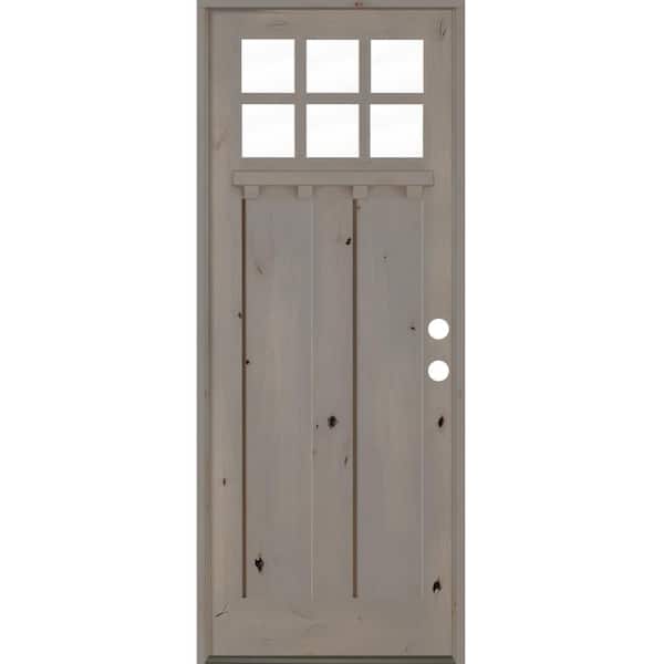 null 32 in. x 96 in. Craftsman Knotty Alder Left-Hand/Inswing 6-Lite Clear Glass Grey Stain Wood Prehung Front Door with DS