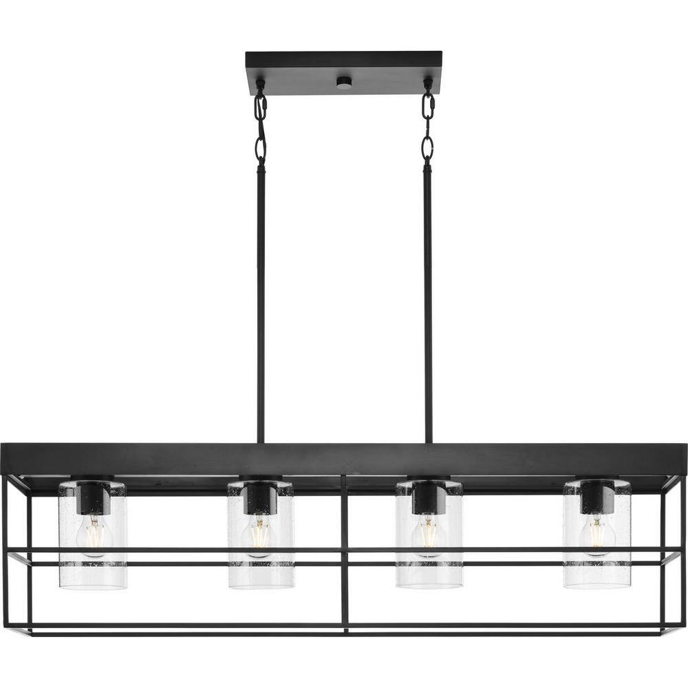 Matte Black Steel Four-Light Island Chandelier with Seeded Glass