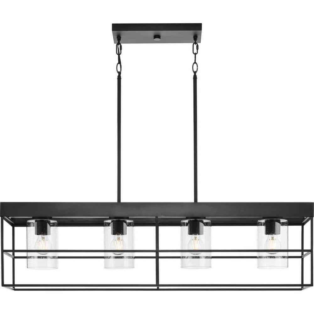 Matte Black Steel Four-Light Island Chandelier with Seeded Glass