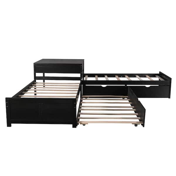 STICKON 117.6 in. W Espresso Twin Size L-shaped Wood Platform Bed with Trundle and Drawers