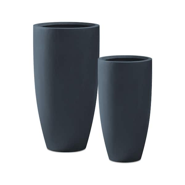 Photo 1 of 31.4" and 23.6"H Charcoal Finish Concrete Tall Planters (Set of 2), Large Outdoor Indoor w/Drainage Hole & Rubber Plug