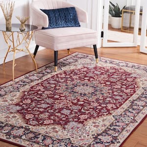 Tuscon Red/Navy 6 ft. x 6 ft. Machine Washable Floral Border Square Area Rug
