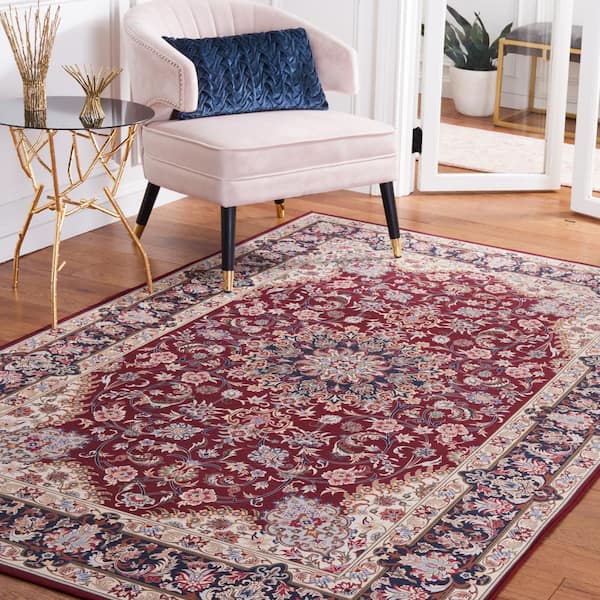 Tuscon Red/Navy 6 ft. x 6 ft. Machine Washable Floral Border Square Area Rug