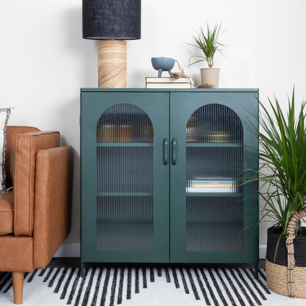 Dark Green Metal Cabinet with Adjustable Shelves and Arched Glass Doors