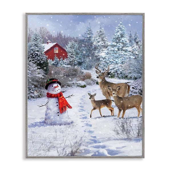 Stupell Industries Reindeer and Snowman Landscape by Jason Kirk 1-Piece Framed Graphic Print Nature Poster Art Print 14 in. x 11 in.