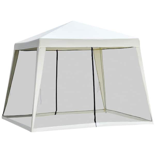 10 ft. x 10 ft. Cream White Slant Leg Outdoor Canopy Tent, Patio Party Sun Shelter with Mesh Sidewalls Zippered Doors
