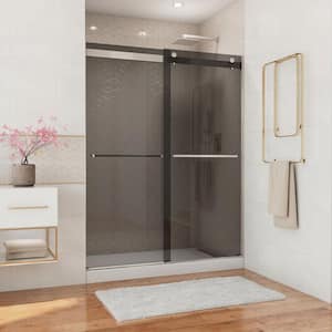 Essence 56 in. to 60 in. W x 76 in. H Sliding Frameless Shower Door in Brushed Nickel with Tinted Glass