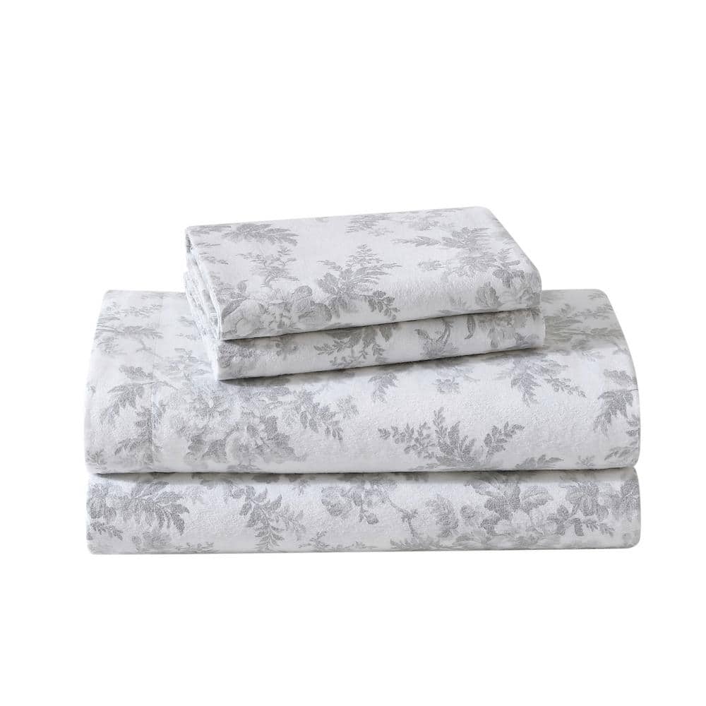 Laura Ashley Vanessa 4Piece Grey Cotton Flannel Full Sheet Set