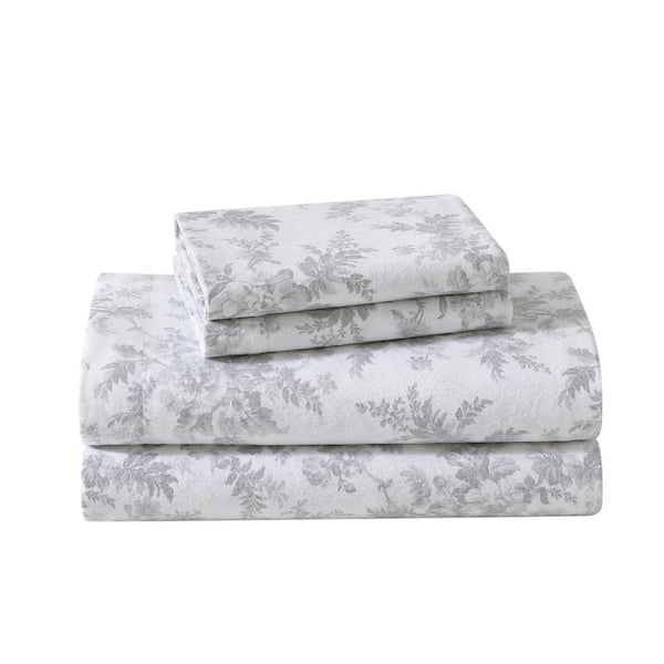 Laura store Ashley 4 Pc Sheet Set 100% Cotton Flannel Petite Floral Gray White