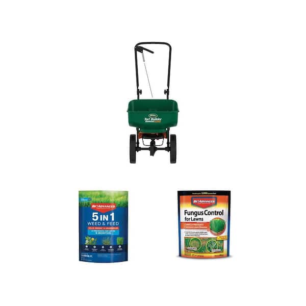 10 lbs. Fungus Control Granules, 24 lbs. 5-in-1 Weed and Feed Fertilizer with Spreader Combo