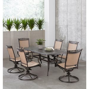 Fontana 7-Piece Aluminum Outdoor Dining Set with 6 Sling Swivel Rockers and a 38 in. x 72 in. Cast-Top Table