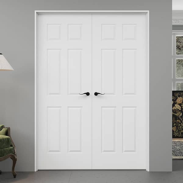 56 in. x 80 in. Universal-Hand 6-Panel Painted Solid Core Wood Assembly Required Double French Door with Jamb