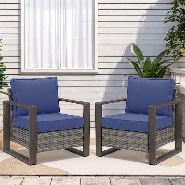 Opohoro MetalWood Metal and Gray Wicker Outdoor Lounge Chair with Olefin Navy Blue Cushions (2-Pack)