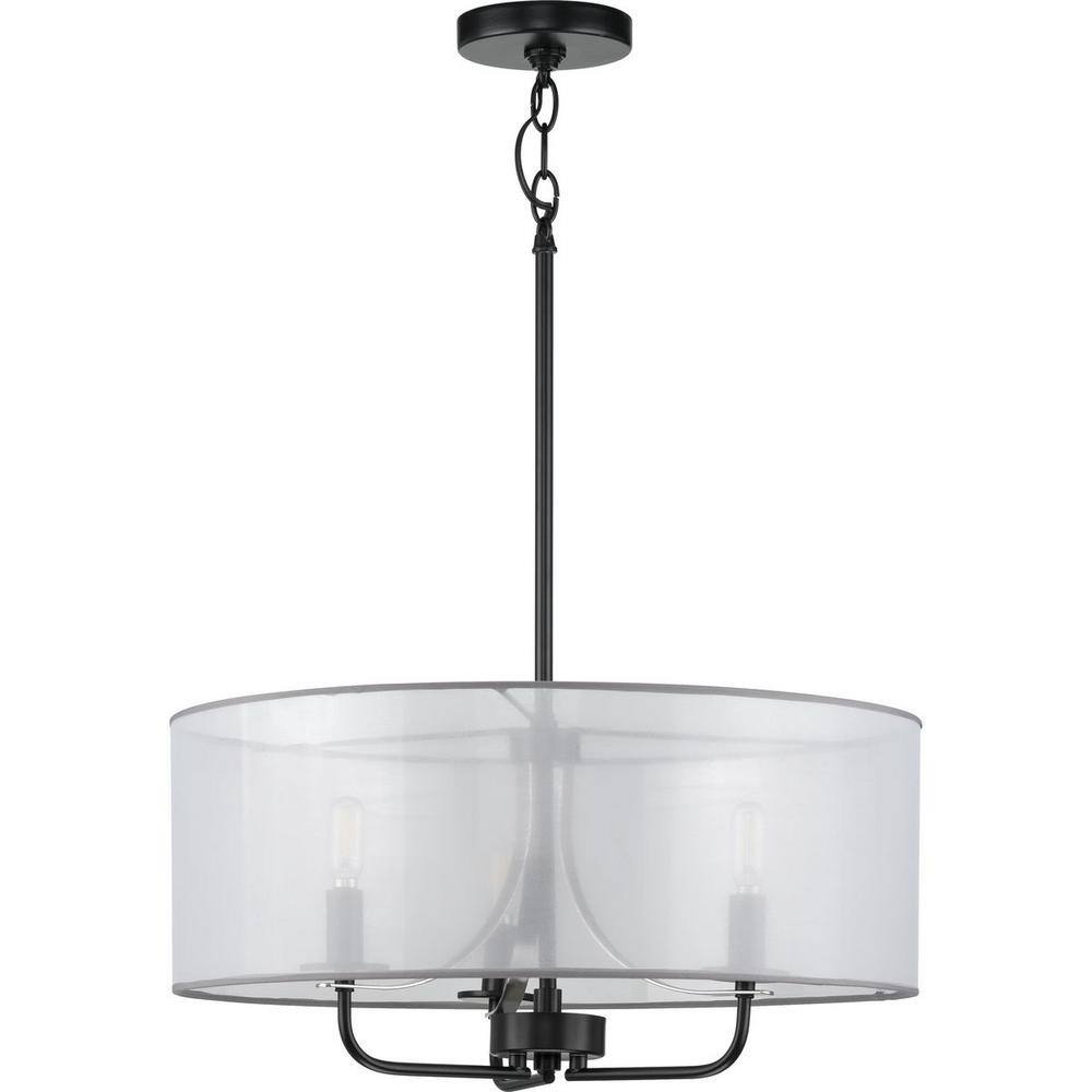 Matte Black Glass Drum Pendant Light with Organza Shade