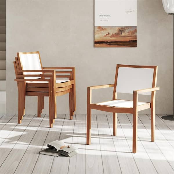 Stackable Natural Dining Chair Set of 2, Outdoor Patio Armchairs with Wear-Resistant Fabric and Breathable Backrest