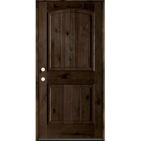 36 in. x 80 in. Rustic Knotty Alder Top Arch V-Groove Right-Hand/Inswing BEHR True Black Stain Wood Prehung Front Door