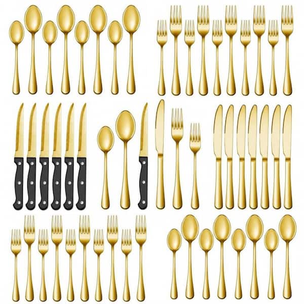 24-Piece Retro Stainless Steel Flatware Set, Gold Polished Tableware Utensil Set with Steak Knives for Home Dining Use