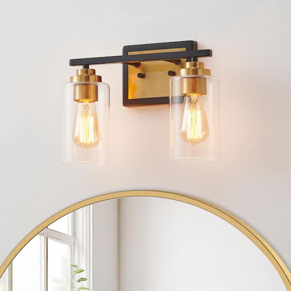 13 in. 2-Light Black and Brass Vanity Light with Clear Glass Shades