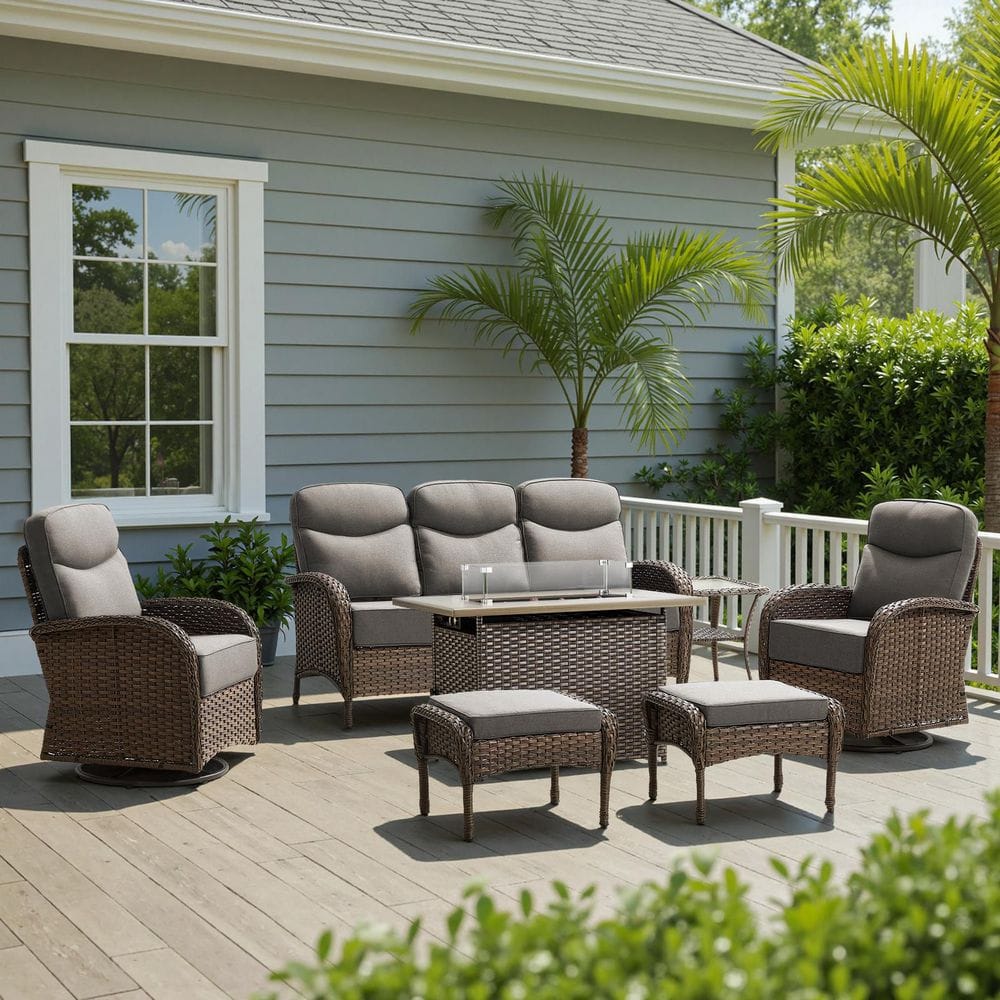 Luna Brown 7-Piece Wicker Outdoor Patio Fire Pit Conversation Set with 6-Inch Olefin Gray Cushions price history on PriceWatchPro