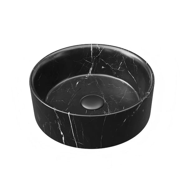 14 in. Vessel Bathroom Sink in Matte Black, Round Ceramic Basin with Stone Pattern