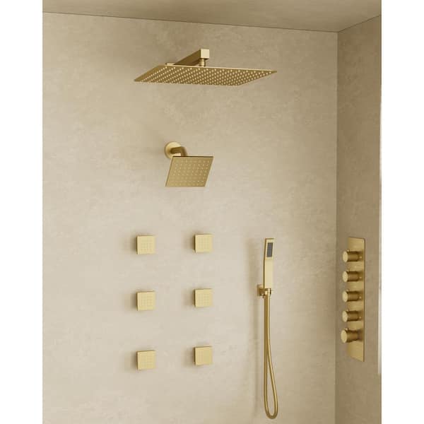 YAWWALK Thermostatic Valve 15-Spray 16 in. x 6 in. Dual Wall Mount and Handheld Shower Head in Brushed Gold