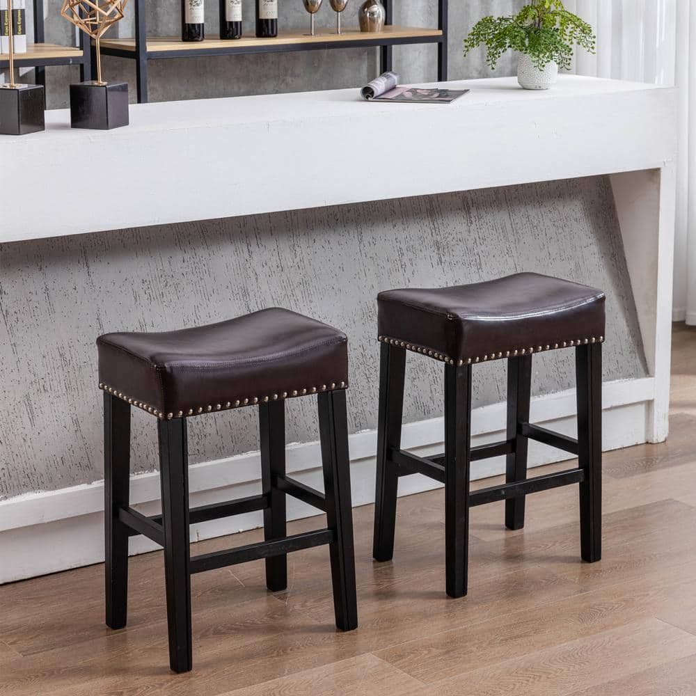 26 in. Brown Backless Wood Faux Leather Cushioned Barstools, Saddle Stools for Extension Counter (Set of 2) -  ANBAZAR, WJZ-105C