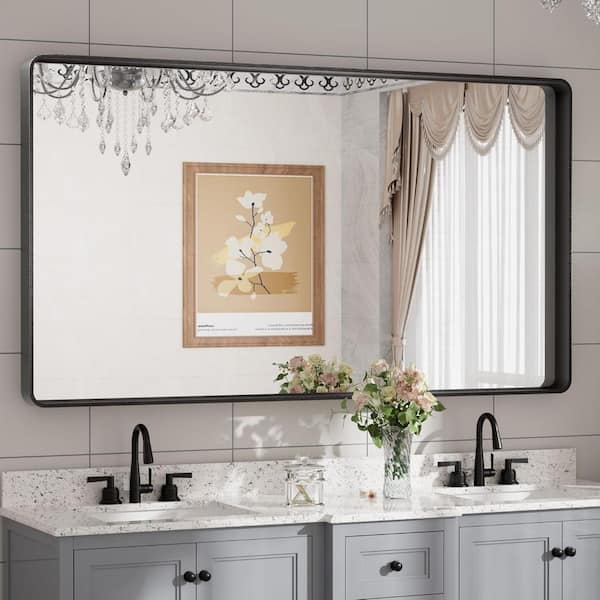 55 in. W x 30 in. H Rectangular Aluminum Alloy Framed and Tempered Glass Wall Bathroom Vanity Mirror in Matte Black