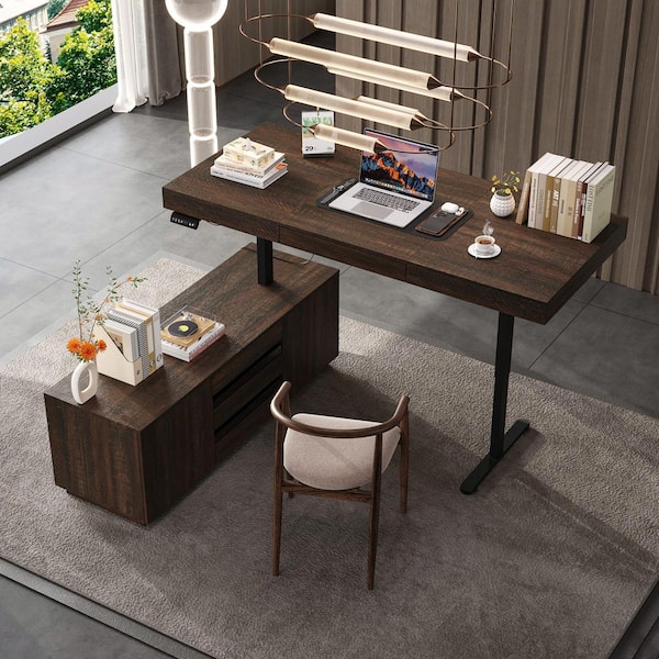 FUFU&GAGA 70.9 in. Rectangular Dark Oak Wood 4-Drawer Desk w/ Adjustable Height, Reversible Storage Bookcase, Memory Control Panel