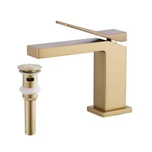 Single Handle Single Hole Bathroom Faucet with Pop-Up Drain Modern Brass Bathroom Basin Taps in Brushed Gold