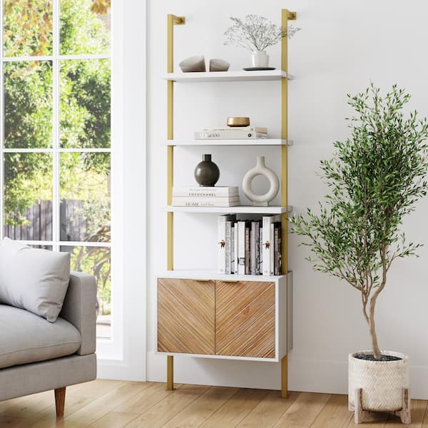Nathan James Theo 73 in. H x 24 in. W Modern Bookcase with Cabinet with Herringbone, White Shelves and Metal Frame for Living Room
