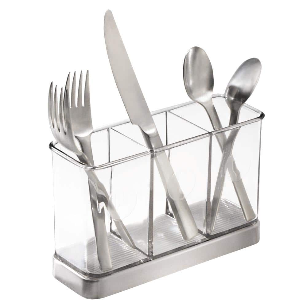 Clear Plastic and Stainless Steel Utensil Holder with 3 Compartments